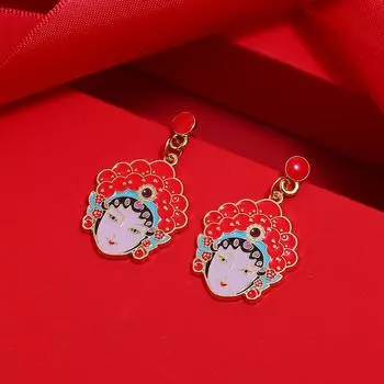 Chinese style knife and horse dan retro Peking Opera face mask earrings femininity long fringed stud earrings red trendy ear jewelry