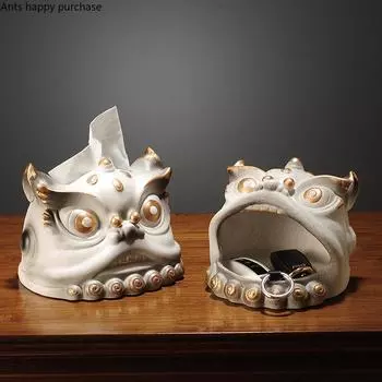 Chinese Style Lion Dance Ceramic Tissue Box Lion Storage Boxes Napkin Box Key Disk Snack Boxes Desktop Organizer Napkin Holder