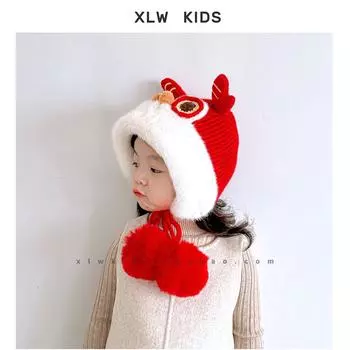 Chinese style lion hat winter children s pullover hat boys and girls baby New Year s warm windproof plush ear hat