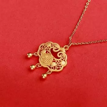 Chinese Style Longevity Lock Necklace Chinese Character Fu Fortune Necklace Hollow Necklace Girls auspicious clouds