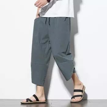 Chinese Style Men s Pants Cropped Pants Men s Cotton and Linen Solid Color Casual Pants Harem Pants Wide-leg Pants Loose Cotton and Linen Pants S