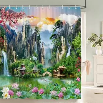 Chinese style Natural Waterfall landscape Shower Curtains Bathroom Curtain Waterproof Polyester Horse Bath Curtain with Hooks W90xH180cm