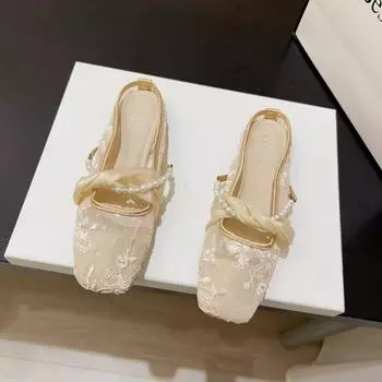 Chinese-style pearl mesh soft-soled sandals summer new shoes flat-bottomed bag head wearing half slippers women 35