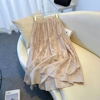 Chinese Style Printed Ink Bamboo Lotus Leaf Edge Skirt Oversized Women s Summer Design Slimming and High Waisted Skirt S хаки