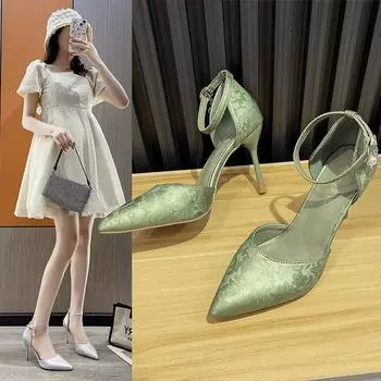 Chinese style satin hollow high heel printed high heels women s stiletto 2024 summer new sexy sandals women 34