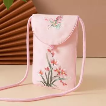 Chinese Style Shoulder Messenger Bag Mobile Phone Bag Embroider Orchid Pink