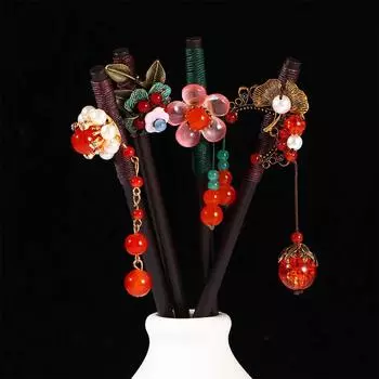 Chinese Style Tassel Women Flower Girls Hair Chopsticks Wooden Hairpin Hair Fork Hanfu Headdress green