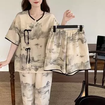 Китайский стиль женский пижамный комплект нагрудник летний короткий рукав короткая юбка верхняя одежда домашняя одежда костюм XL