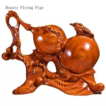 Chinese Vintage Solid Wood Sculpture, Fulu Golden Toad Decoration, Living Room, Office, Redwood Crafts Artificial PLANT