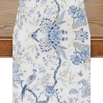 Chinoiserie Blue White Bird Flower Linen Table Runners Modern Elegant Geometric Table Runner for Home Party Dining Table Decor 150x33cm 59x13inch