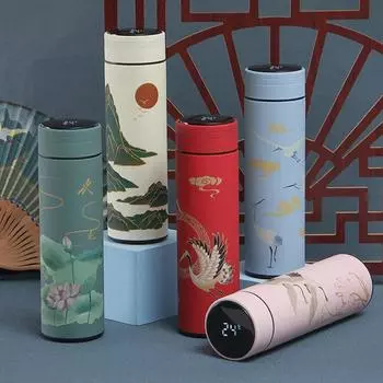 Chinoiserie Smart Display Температура Термос Кружка 304 Нержавеющая сталь Термос Двухслойная изоляционная чашка Бизнес-подарочный набор 500ml розовый