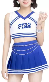 Чирлидерша Мини Пупок Фото Короткие Над Синим [Леди Ленивый] Костюм, Юбка, Выдавливание, Косплей, Переодевание, Милый, Длина, Колено, Белый, синий