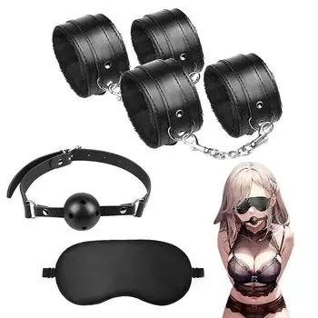 Chisafly SM Товары Ограничения Наручники Ножные кандалы Мяч Повязка на глаза Ограничение 4 предмета Набор Пушистый Регулируемый Женский Мужской Кляп Наручники Маска для глаз Устранить