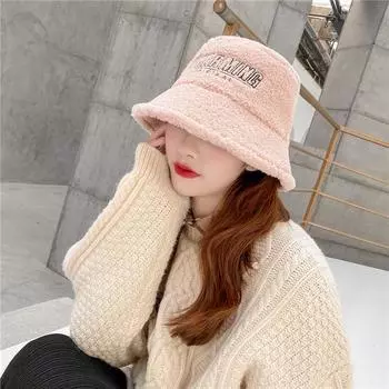 Чистая красная шерстяная шляпа рыбака из ягненка Женская зимняя плюшевая шерстяная шапка из ягненка Осень и Зима Корейская версия диких милых шапок для бассейна Прилив розовый