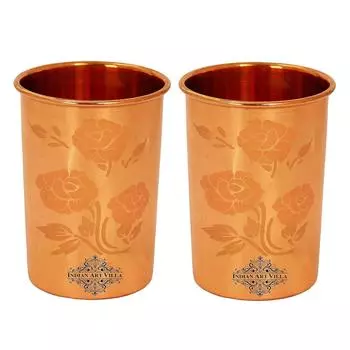 Чистая медь, простое стекло с волшебным цветочным дизайном, для питья, сервировки воды, йога, аюрведа, объем - 300 мл, упаковка из 2 штук