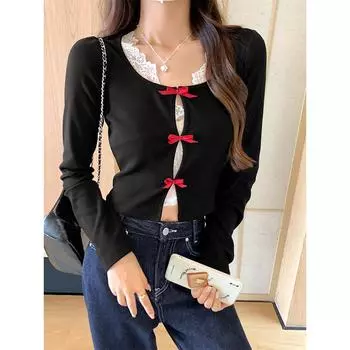 Чистая похоть стиль U-образный вырез с бантом мягкий восковой свитер с длинными рукавами женский осенний кружевной многослойный жилет нижний топ S