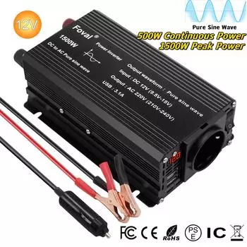 Чистая синусоида, 1500 Вт/2200 Вт/2600 Вт, пиковый преобразователь напряжения постоянного тока 12 В в переменный ток 220 В, преобразователь напряжения с розеткой европейского стандарта, инвертор мощности 12V 1500W EU Socket чёрный