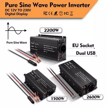 Чистая синусоида 1500 Вт/2200 Вт/2600 Вт Инвертор мощности DC 12 В в переменный ток 220 В Серия преобразователей напряжения Преобразователь напряжения Розетка ЕС 220 В Инвертор мощности