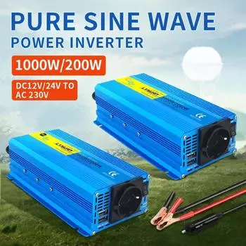 Чистая синусоида постоянного тока 12 В/24 В в переменный ток 220 В 1000 Вт/2000 Вт Преобразователь напряжения Розетка ЕС Автоаксессуары Преобразователь розетки переменного тока 220 В Инвертор мощности розетки ЕС