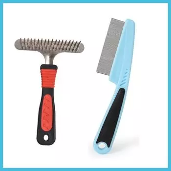 Чистка шерсти Пара рядов заклепок Стойка Расческа Бордер-колли Золотистый ретривер Щетка для удаления шерсти Бархат Средняя и крупная Длинношерстная собака Специализированный продукт Red and black nail rake comb + flea comb