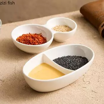 Чисто белая керамическая двойная решетчатая тарелка для соуса, уксуса, приправы, тарелка для закусок, тарелки для закусок, креативная посуда для ресторана