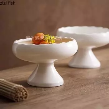Чисто белая керамическая миска на высоких ножках, миска для закусок, миска для десерта, миски для пудинга, ресторанная молекулярная кухня, специальная столовая посуда
