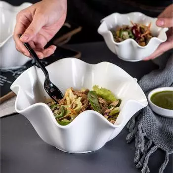 Чисто белая керамическая тарелка Фруктовая салатница Супница Миска для лапши Блюдо для дегустации Формы для торта Миски для десерта Гофрированная обеденная тарелка Формы для выпечки