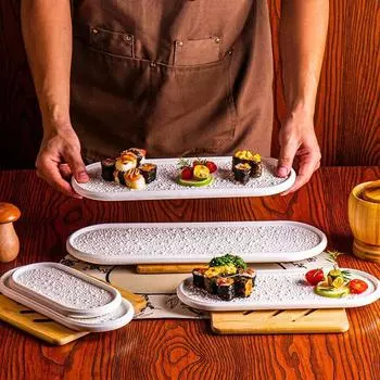 Чисто-белая керамическая тарелка с точечным рисунком и бусинами, овальная тарелка для суши, тарелка для десерта, тарелка для закусок, блюдо для димсамов, креативная посуда для молекулярной кухни