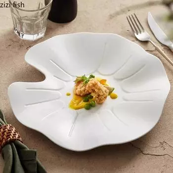 Чисто-белая неровная керамическая тарелка в виде листа лотоса, ресторанная тарелка для десерта, закуски, салатная тарелка, специальная посуда для молекулярной кулинарии