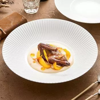 Чисто белая полосатая керамическая салатница, миска для густого супа, миска для пасты, десертные миски, ресторанная молекулярно-пищевая специальная посуда