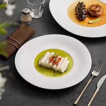 Чисто белая полосатая тарелка с широким краем Керамическая тарелка для стейка Десертная тарелка для закусок Паста Тарелки Специальная посуда для молекулярной кухни