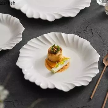 Чисто-белая тарелка с цветочным краем для ресторана, мелкая тарелка для стейка, тарелки для закусок, салатные тарелки, креативная молекулярная посуда для отелей