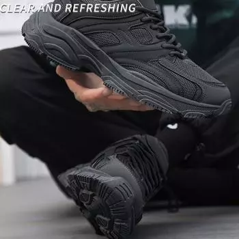 Чисто черные мужские туфли весна 2025 новые рабочие защитные туфли противоскользящие и износостойкие мужские кроссовки для бега и спорта для пап с толстой подошвой 39 чёрный