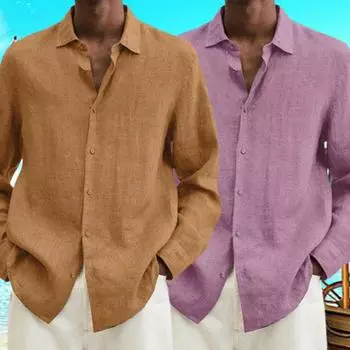 Чисто-голубая рубашка из хлопка и льна, повседневная рубашка больших размеров, свободная мужская рубашка с отложным воротником и длинным рукавом, мужская рабочая дышащая кардиган M темно-синий