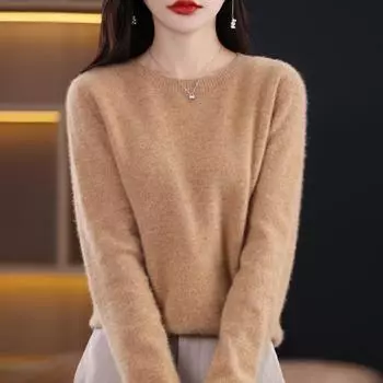 Чисто шерстяной свитер, женский повседневный вязаный пуловер, осенне-зимний мягкий и теплый шерстяной топ с длинными рукавами и круглым вырезом M зелёный