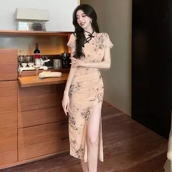 Чистое красное ретро сексуальное элегантное сетчатое платье с цветочным узором, модифицированное платье Cheongsam, темперамент, тонкая упаковка, бедра, платья средней длины S