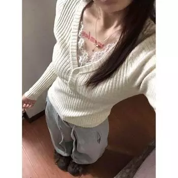 Чистое желание Сексуальное кружево Вязаная базовая рубашка в рубчик Женская осенне-зимняя с V-образным вырезом на пуговицах Прилегающий топ нижнего белья Apricot S