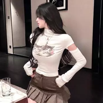 Чистое желание, сладкая и острая девушка, кошачий принт, полувысокий вырез, облегающий короткий фасон, футболка с длинными рукавами, закрытый рукав, топ S белый