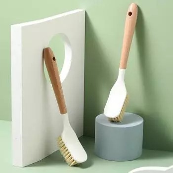 Чистящая щетка с антипригарным покрытием для мытья посуды из натурального дерева, скруббер для посуды с длинной ручкой, кухонный инструмент белый