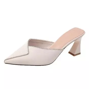 Чистые красные полутапочки Baotou, женская одежда, лето 2024, новые феи, фэн-шуй, дрель, острый толстый каблук, сандалии и тапочки на высоком каблуке 34 бежевый