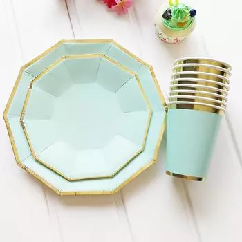 Чистые мятно-зеленые бумажные стаканчики, тарелки с бронзой, одноразовая бумажная посуда для вечеринки, тарелки для торта, чашки, свадьба, день рождения, банкет, пикник, десертный декор 7 plates