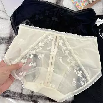 Чистые полупрозрачные кружевные трусики с бантом на талии для женщин, тонкие удобные дышащие сексуальные трусики из чистого хлопка с промежностью L чёрный