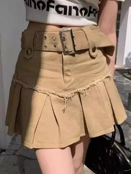 Чистый цвет элегантная плиссированная юбка женская новая ретро Spice Girls корейский стиль одежда женская Y2k простая юбка А-силуэта с высокой талией S хаки