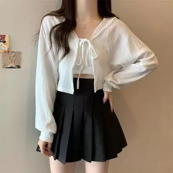 Чистый цвет, тонкий солнцезащитный кардиган, женский летний шаль, уличный шелковый короткий топ, маленький жилет с длинными рукавами S белый