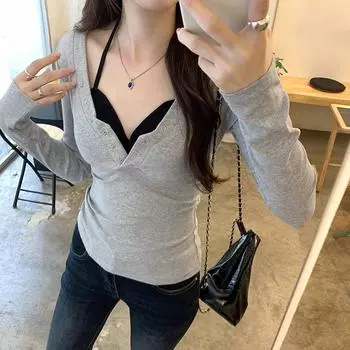 Чистый дизайн с накладной шеей, два топа, женский, весна и осень, новый, для похудения, с подкладкой на груди и нижней рубашкой S