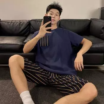 Чистый хлопок большого размера мужская пижама с круглым вырезом молодежная студенческая пижама домашняя одежда простая полосатая пижама с буквами домашняя одежда XL