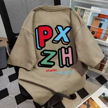 Чистый хлопок Чувство дизайна Красочные футболки с круглым вырезом с буквенным принтом для мужчин и женщин Летняя модная тенденция Повседневный удобный топ для пар Harajuku S хаки