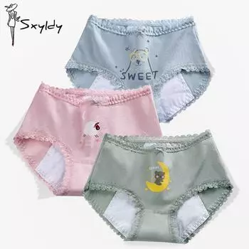 Чистый хлопок средней талии с принтом и кружевной каймой женское физиологическое нижнее белье менструальный период антипротечное нижнее белье для женщин M зелёный