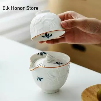 Чистый, расписанный вручную чайный сервиз с изображением бабочки-орхидеи, комплект Zen, 1 горшок, 3 чашки, бытовой чайник для заваривания чая, сумка для пикника на открытом воздухе, ремесло 10.2x8cm 150ml