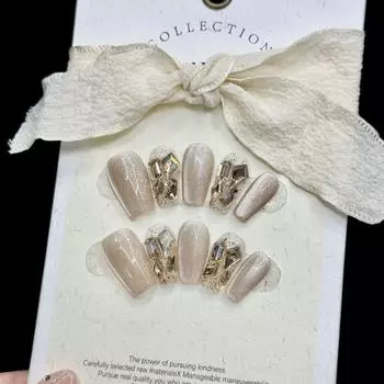 Чистый ручной работы накладной ноготь Высококлассный темперамент Шоу Белый кошачий глаз стиль Носить L
